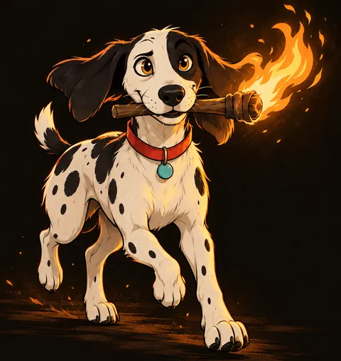 The Torchhound mascot: a black-and-white spotted hound trotting along with a lit torch in its mouth.