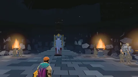 The hero walks into a torchlit stone hall toward the Hollow King on his throne.
