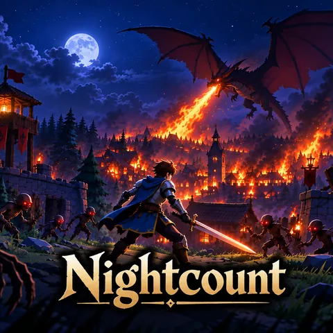 Nightcount key art, square: the knight, the monsters and the dragon above the burning village, with the Nightcount logo.