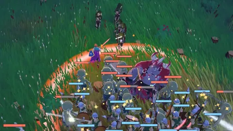 At night in the grass, the hero and a squad of guards fight a crowd of monsters around a horned brute.