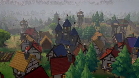 A village of timber houses and a clock tower among pine trees, watchtowers on the hill behind.