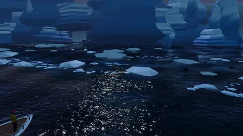 An angler fishes from a boat on dark water full of ice floes, below icy cliffs.