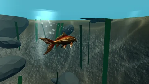 Underwater, a golden koi swims toward the line among rocks and reeds.