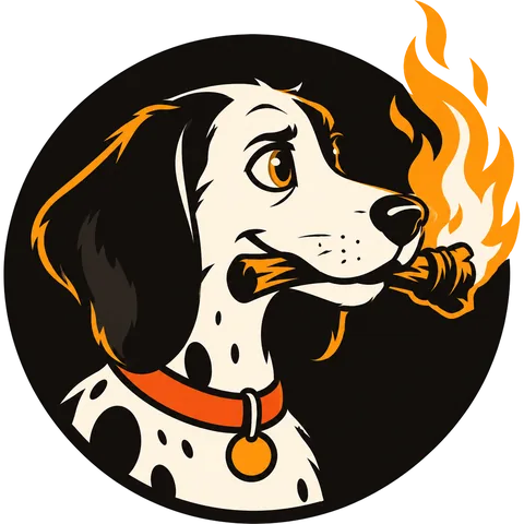 The Torchhound badge: the spotted hound's head in a dark circle, a lit torch in its mouth.