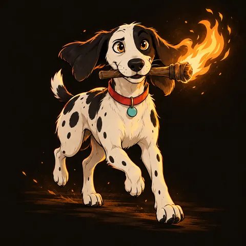 The Torchhound mascot trotting with a lit torch in its mouth.