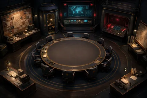 The game's headquarters: a dim round room with a large table, maps on the walls and glowing screens.