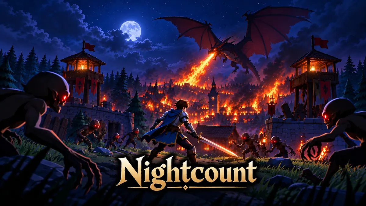 Nightcount key art: a knight with a glowing sword faces red-eyed monsters while a dragon breathes fire over a burning village under the moon.