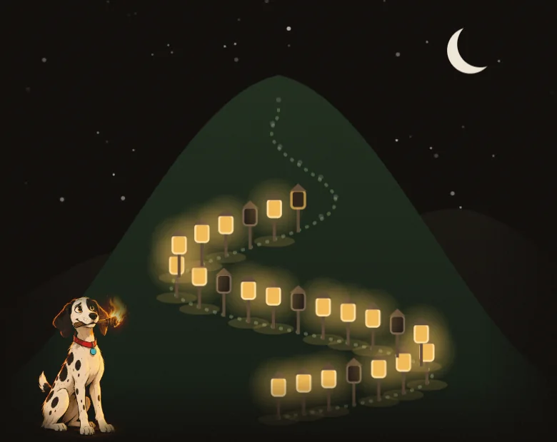 Lantern Hill: a dark green hill under a crescent moon, its winding path lit by lanterns, with the spotted hound and its torch at the foot.
